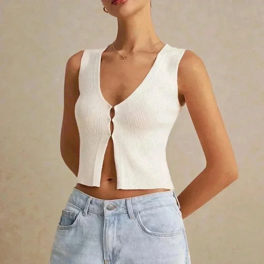 Beige Casual Women's Solid Color Sleeveless Knit Top Tank - Picture 6 of 7